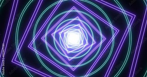 4K neon colored animated tunnel moving forward in motion speed. Glowing neon colored light tunnel in 4K. Technology video material animation. Easy to use in any video.