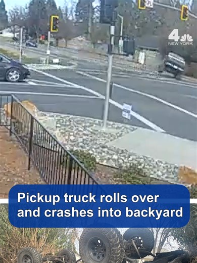 Surveillance video captured a wild crash and rollover in California. A pickup truck can be seen attempting make a turn at high speed before turning onto its side, then plowing through a wall and into a backyard. Firefighters extricated the driver, who was transported to the hospital for treatment. He was charged with DUI, according to police. #crash #california