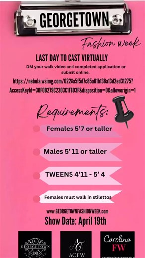 @fwgeorgetown on Instagram: "GEORGETOWN FW LAST DAY TO CAST VIRTUALLY FOR SEASON 2 SUBMIT YOUR WALK VIDEO AND APPLICATION VIA IG OR GO TO OUR WEBSITE. Application link: https://nebula.wsimg.com/0228a5f5d7c85a01b138a13d2ed31275?AccessKeyId=30F0B279C2303C1FBD3F&disposition=0&alloworigin=1 www.GEORGETOWNFASHIONWEEK.com #fashion #fashionweek #modelgirl #fashiondesigner #modelphotography #modeling #fashiongram #models #malemodels #georgetown"