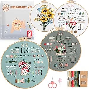 4 Pack Embroidery Kit for Beginners Adults, 34 Stitch Techniques with Floral Patterns, Complete DIY Kit with Stamped Patterns, Hoop, Colorful Threads, Tools, Step by Step Instructions & Video Tutorial