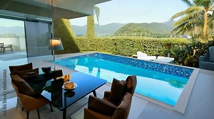 Contemporary living room and dining area seamlessly connected to a luxurious swimming pool, featuring modern design elements and open space