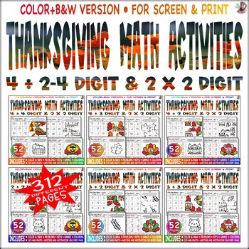 Thanksgiving | One step Mixed Mult by 2 - Digit & Div – 2,3,4- Digit Bundle Set.