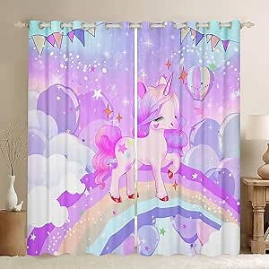 Unicorn Girls Window Curtains for Bedroom Living Room Cute Rainbow Unicorn Curtains Cartoon Window Drapes Treatments Kids Galaxy Stars Magical Purple Unicorn Animal Room Decor 42W X 63L,2 Panels