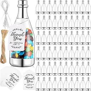 Gerrii 60 Pcs Silver Champagne Bottle Container Set, Mini Champagne Candy Bottles Plastic DIY Favor Candy Jars with Tags Party Favor Containers for Baby Shower Bridal Wedding Birthday Party