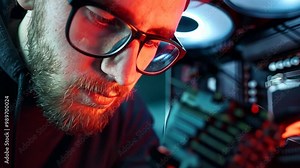 A young technician in a black hoodie examines a high-performance computer's components, showcasing expertise and concentration amid glowing LED lights. Ideal for technology and craftsmanship themes.
