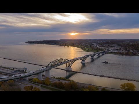 4k Drone Peace Bridge from Buffalo, New York to Ontario, Canada