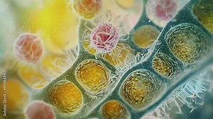 This close-up reveals plant cells magnified under a microscope. Vibrant chloroplasts and numerous stomata structures are visible, showcasing cellular patterns and intricate details. The image is