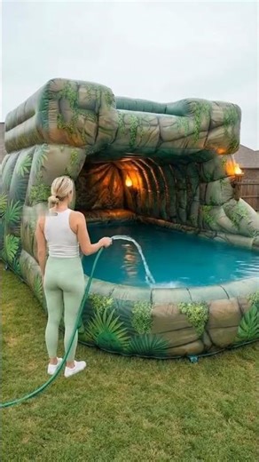 Giant Inflatable Jungle Cave Waterfall Pool 🌴💦 Backyard Paradise You NEED This Summer!