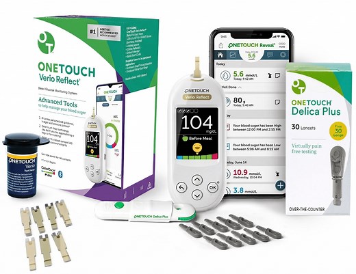 OneTouch Verio Test Kit - Includes Verio Reflect Blood Glucose Meter, 30 Lancets, Lancing Device, & 30 Test Strips - Diabetes Care Supplies