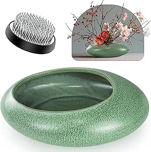 Flower Frog Vase Kit, Ikebana Arrangement Ceramic Bowl Flower Frog Water Drop Flower Pot Flower Arrangement Vase Kit (Green Large Size)