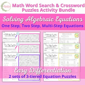 One, Two & Multi step Equations Word Search & Crossword Puzzle Activity Bundle