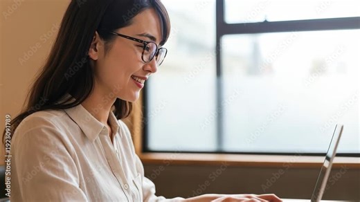 Focused Work: A woman, wearing glasses, intently works on her laptop near a window, her concentration creating an ambiance of productivity and knowledge.