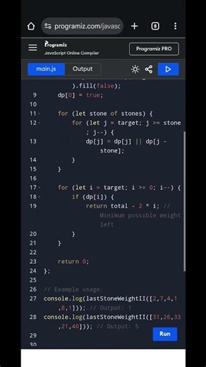 Last Stone Weight II | Minimum Remaining Weight | JavaScript Solution | LeetCode