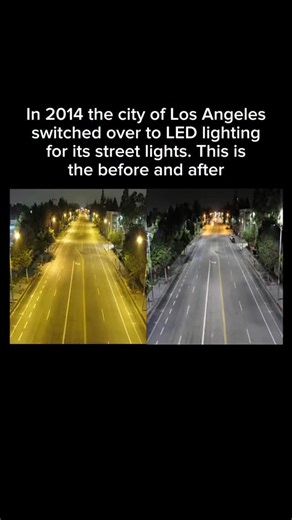 Unknown History on Instagram: "In 2014 Los Angeles decided to replace its ola streetlights with modern LED lights. Before the switch, the city’s streets were lit by high-pressure sodium lamps, which gave off a warm orange glow. These lights had been common for decades, but they used a lot of power and burned out fairly quickly, which meant higher costs for the city. The new LEDs changed the look of Los Angeles at night. Instead of the orange tint, the streets took on a cooler, white light. This 