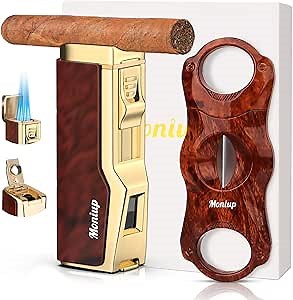 Cigar Lighter Set with V Cigar Cutter, Quad Windproof Jet Flame, Cigar Punch & Cigar Holder, 4-in-1 Cigar Accessories Kit with Gift Box for Christmas, Butane Refillable Torch lighters for Smoking