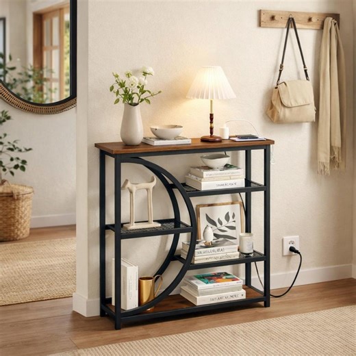 Industrial Narrow Console Table with Charging Station, 5-Tier Shelves, Entryway Sofa, Rustic Wood Hallway Storage Organizer for Living Room