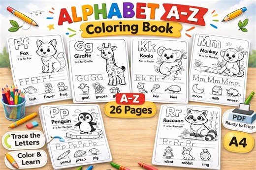 Alphabet Coloring Pages A–Z Printable – 26 Animal Worksheets – A4 PNG Instant Download - Etsy