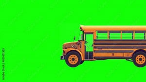 Yellow School Bus animated against a Green Background, Seamless Loop Animation. Back-to-school Concept