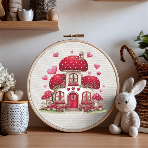 House Cross Stitch Pattern Instant PDF Download - Valentine Mushroom House Watercolor Cross Stitch Hand Embroidery Valentine's Day Pattern - Etsy