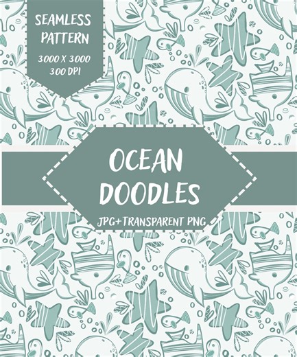 Ocean Doodles Seamless Pattern | Whale Fish Nautical Digital Download | JPG   PNG Transparent - Etsy