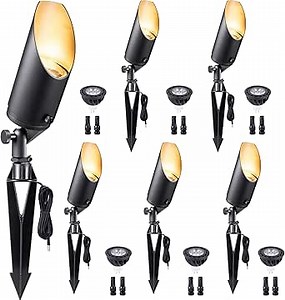 Gardenreet 12V Spot Lights Solid Brass - Black Outdoor Low Voltage Landscape Spotlight, Wired LED Uplights Waterproof, Electric Adjustable Shield for Patio Wall with Warm White MR16 Bulb (6 Pack)