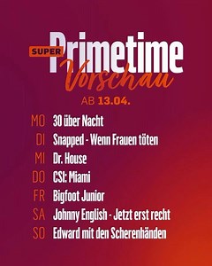 An diesem #ostermontag gibt es die neue #wochenvorschau schon vormittags! Wir hoffen, es ist etwas schönes für euch dabei! 📺 #superrtlprimetime #SUPERRTL #serie #filme #truecrime #krimi #csimiami #drhouse #kommissarcain #rizzoliandisles #coldjustice #snapped #johnnyenglish #edwardscissorhands #johnnydepp #winonaryder #rowanatkinson #gilliananderson #rosamundpike #jennifergarner #markruffalo #hughlaurie #angieharmon #sashaalexander #davidcaruso #adamrodriguez #emilyprocter | RTL SUPER