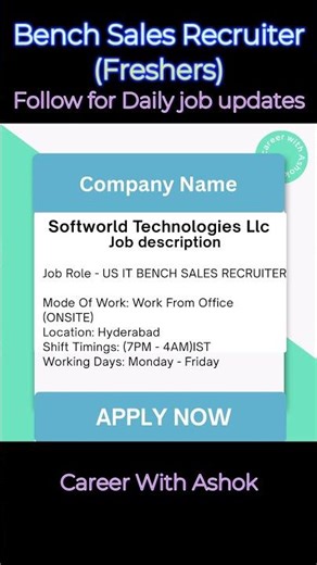 US IT Bench Sales Recruiter Hiring | Hyderabad | Career with Ashok