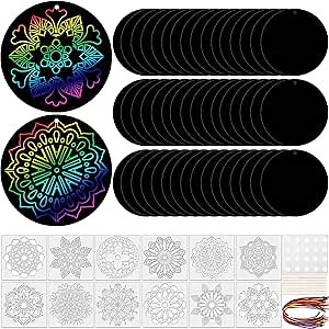 48 Pieces Mandala Scratch Cards Rainbow Xmas Scratch Paper for Kids DIY Round Ornaments with Drawing Stencils Wooden Stick and Ribbon Suitable Hobby for Adults, Kids, Teens and Seniors