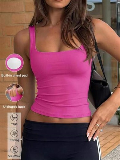 Aoqta Sports Women's Summer Casual Solid Color Camisole, Sleeveless Backless With Chest Pad Slim Fit Sports Tank Top, Suitable For Yoga, Running, Workout, Daily Wear | SHEIN