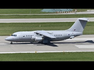 Royal Air Force British Aerospace BAe 146-200 start up, taxiing and take off at ZRH (with live ATC)