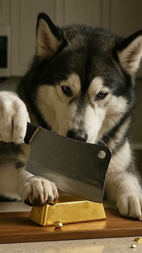 The Alaskan Malamute slowly sliced ​​through the gold bar with a kitchen knife #alaskan