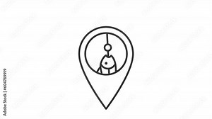 Animated fishing spot line icon. Caught fish inside location sign animation. Fish finder. Outdoor activity. Loop HD video with alpha channel, transparent background. Outline motion graphic