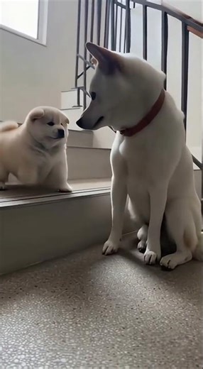계단을 처음 본 아기를 따뜻하게 가르치는 아빠 진돗개 • A Father Jindo Gently Teaching His Puppy to Face Stairs First Time