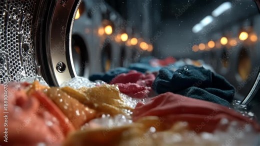 Inside washing machine drum with swirling clothes and soap bubbles macro view ideal for daily grind routine chaos metaphors and mental reset concepts