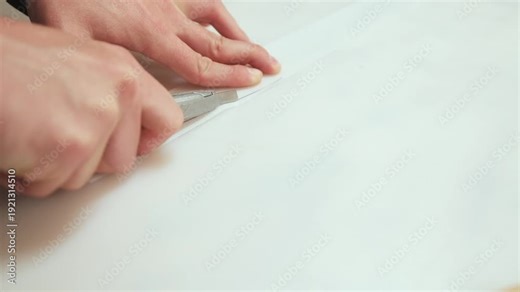 Handheld close up of craftsman cutting lining material with precision knife. Shallow depth of field and diagonal framing emphasize blade accuracy, hand control and smooth synthetic texture.