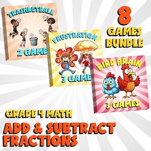 8 No Prep Math Games Bundle A - Add & Subtract Fractions - Grade 4 Review