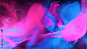 Abstract art featuring vibrant pink and blue smoke swirls on a dark background. The ethereal smoke patterns twist and blend, creating a dynamic, dream-like visual. Nighttime setting, no people.