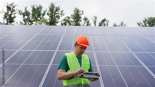 Engineer configure and monitor solar panel performance on a tablet demonstrating renewable energy technology clean electricity and independent power solutions. High quality 4k footage