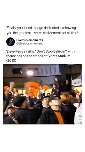 Live Music Moments on Instagram: "Steve Perry, the former lead singer of Journey, has been spotted in the stands at San Francisco Giants baseball games joining thousands of fans in singing “Don’t Stop Believin’,” especially during the Giants’ postseason runs around 2010–2014. As a lifelong Giants fan and season-ticket holder, Perry enthusiastically sang along from his seat as the crowd belted out the song that has become a staple anthem at Oracle Park. ￼ “Don’t Stop Believin’” — originally relea