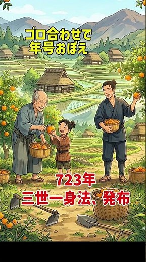 723年、覚えてる？🤔ヒントは「なつみかん🍊」正解は👇👉 三世一身の法開墾した土地は親→子→孫の三世代までOK！覚え方👇「三世一身、なつみかん（723）🍊」#日本史 #歴史 #語呂合わせ