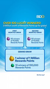 Turn your banking into big Rewards by opening an account with BDO! Open a new BDO account and deposit at least ₱50,000 to join the e-raffle! More deposits mean more chances to win in our monthly and grand draws. Sign up for BDO Pay to earn an extra raffle entry! Visit any BDO branch to open an account today. Promo runs from October 9 to December 31, 2025. T&Cs apply. DTI 238634. Series of 2025. Visit www.deals.bdo.com.ph/deal-welcome/121772 for more details. #BankingisRewarding BDO Rewards is no