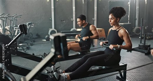 Exercise, rowing machine and friends in gym for practice, wellness or sports for body health. Club, group and people workout on ergometer for fitness, muscle and cross training for cardio together