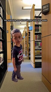 Just come over! 🤭 Video Description: Meme-style video with a young boy speaking over a photo of the inside of the library. On-screen text reads, “Me planning our third library visit this week,” followed by playful dialogue about a surprise. | Allen County Public Library