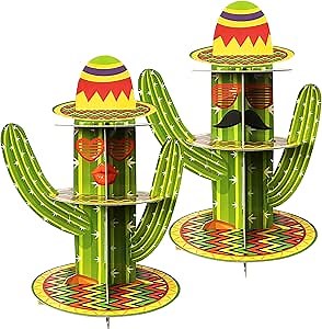 2 Pack Mexican Fiesta Cupcake Stand Party Decorations, Cactus 3 Tier Cardboard Cup Cake Tower Stand Display Dessert Holder Cinco De Mayo Taco Tuesday Birthday Party Decor Supplies Favors