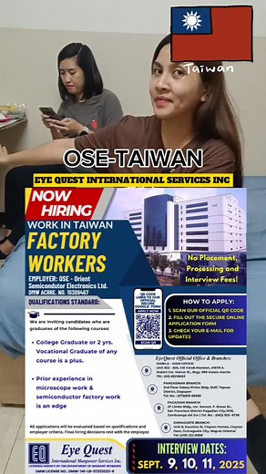 Taiwan factory worker 🇹🇼 isa sa magandang company,no placement fee,no processing fee OSE TAIWAN AGENCY Eye Quest international manpower services.. #factoryworkertaiwan #TaiwanOFW #OFW #followersreels | Ne Ne
