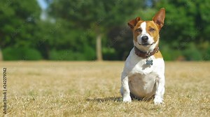 Jack Russell fetching with a stick, dog waiting for the stick to be thrown. Super slow motion