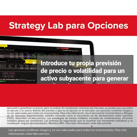Con #IBKR, crea y envía órdenes de opciones multitramo sencillas y complejas que se basen en tu previsión de precio o volatilidad, mediante el uso del Strategy Lab para Opciones. Aprende más en https://www.interactivebrokers.com/mkt/?src=esfb071g&amp;url=%2Fes%2Fsoftware%2Fpdfhighlights%2FPDF-Options_Strategy_Lab.php | Interactive Brokers en Español | Facebook