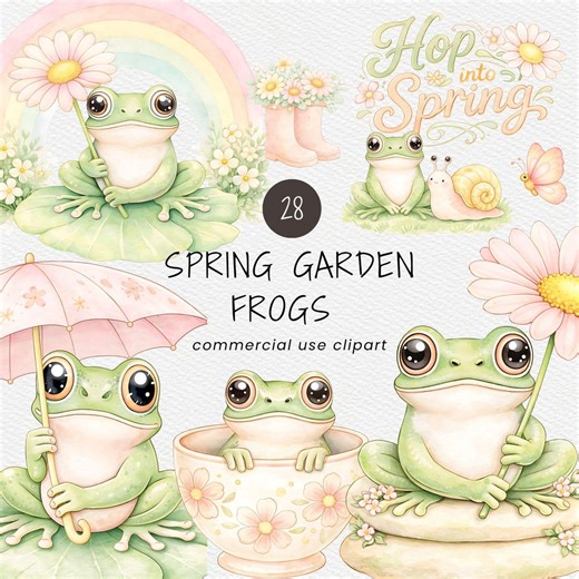 Spring Garden Frog Clipart Pack for Commercial Use, Watercolor Frog Pngs, Cute Kawaii Animal Graphics Set (digital Download) - Etsy