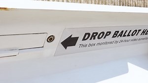 Drop Ballot Here Sign and Slot with Arrow for Mail-in Election Voting Booth