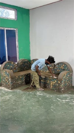 L sofa 🛋️ using only Wine Bottles #shorts #cementcrafts #Sofaset #viral #DIY